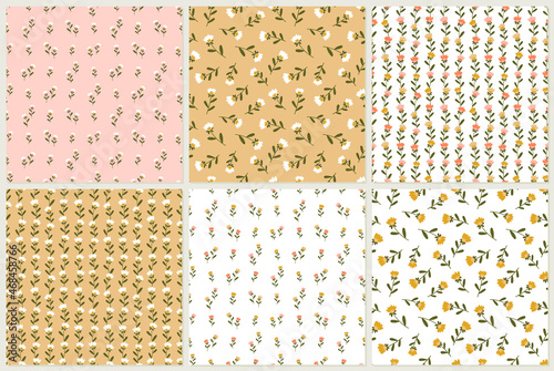 Collection Floral seamless patterns with cute little flowers. Simple doodle hand drawn style.