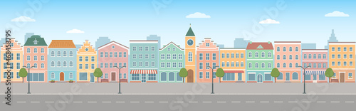City life illustration with house facades, road and other urban details.  Panoramic view. Flat style, vector illustration.