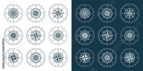 Vintage marine wind rose, nautical chart. Monochrome navigational compass with cardinal directions of North, East, South, West and degree markings. Geographical position, cartography and navigation.