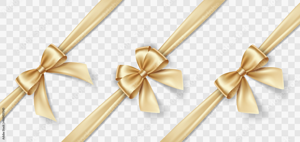 Set of satin decorative golden bows with horizontal yellow ribbon isolated on white background. Vector gold bow and gold ribbon - obrazy, fototapety, plakaty 