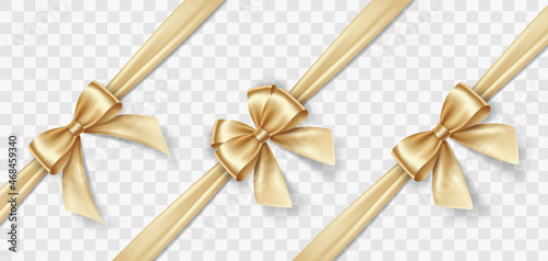 Set of satin decorative golden bows with horizontal yellow ribbon isolated on white background. Vector gold bow and gold ribbon