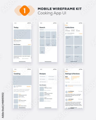 UI Mobile app. Cooking UX, GUI design elements. Mobile application template layout.