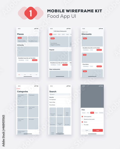 Mobile app UI, UX design kit. Food web site or mobile template. Responsive GUI layout.
