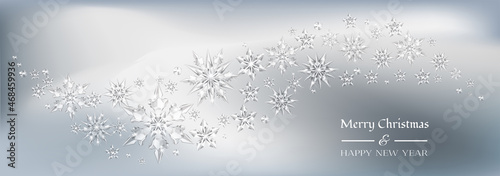 Vector realistic transparent wave of snowy wind with glass snowflakes. Sparkling translucent crystals border