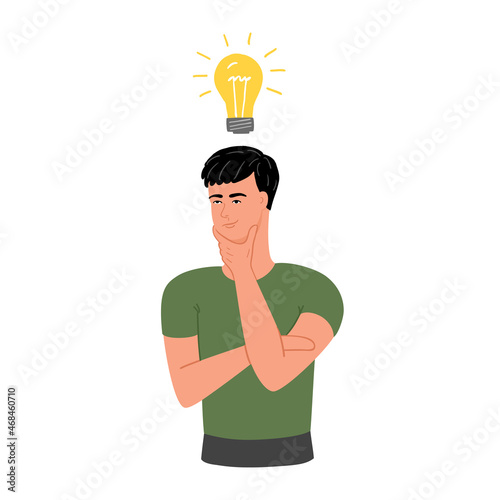 Man with a light bulb. Thinking, coming up with the idea, creating a new solution. Vector illustration.