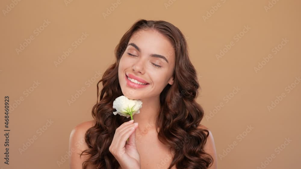 Photo of lady touch chin scent flower isolated pastel color background Photo of lady touch chin scent flower isolated pastel color background