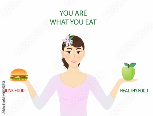 Food concept you are what you eat.Choose between healthy and junk food.Beautiful woman chooses between an apple and  hamburger. Vector, cartoon style