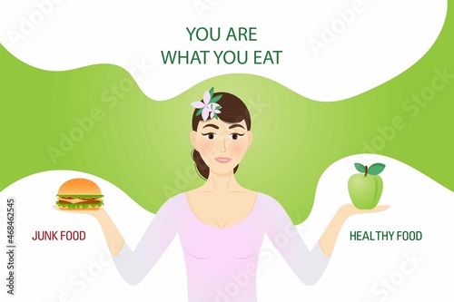 Food concept you are what you eat.Choose between healthy and junk food.Beautiful woman chooses between an apple and  hamburger. Vector, cartoon style