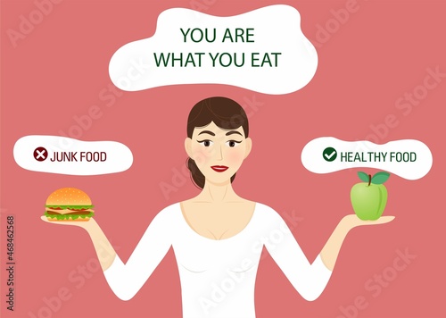 Food concept you are what you eat.Choose between healthy and junk food.Beautiful woman chooses between an apple and  hamburger. Vector, cartoon style