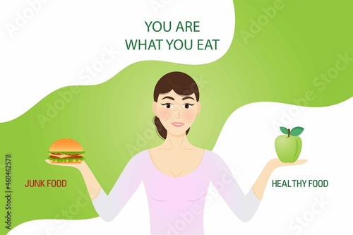 Food concept you are what you eat.Choose between healthy and junk food.Beautiful woman chooses between an apple and  hamburger. Vector, cartoon style