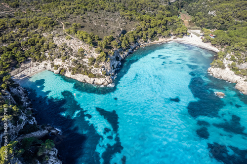 Landscape with aerial view of Cala Macarella beach  Menorca island  Spain