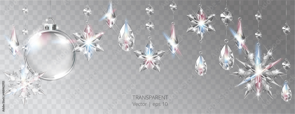 Vector Christmas background with realistic transparent glass balls, snowflakes and decoration. Glass sphere and sparkling translucent crystals
 - obrazy, fototapety, plakaty 