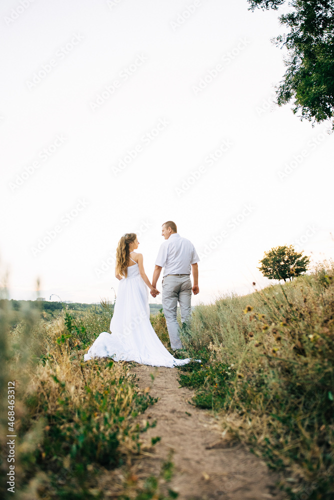 young couple a girl and a guy are walking in the field