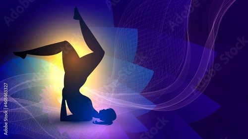 Silhouette of practicing yoga woman in headstand on glowing background