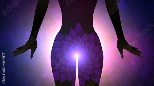 Woman body silhouette with purple glow from genitals, concept of female sexual enjoyment and health photo