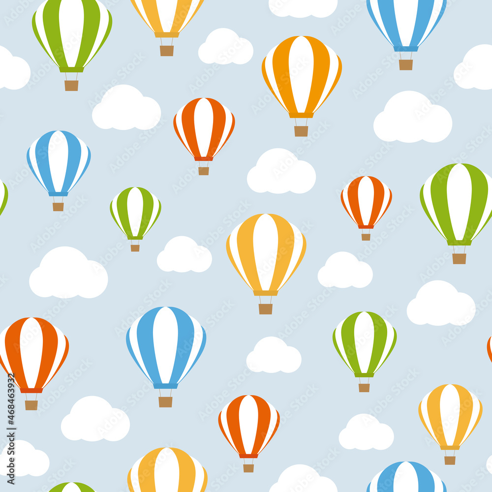 Seamless pattern with hot air balloons and clouds. Vector Illustration. It can be used for wallpapers, wrapping, cards, patterns for clothes and other.