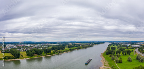 Panoramic view of the Rhine river near Leverkusen  Germany. Drone photography