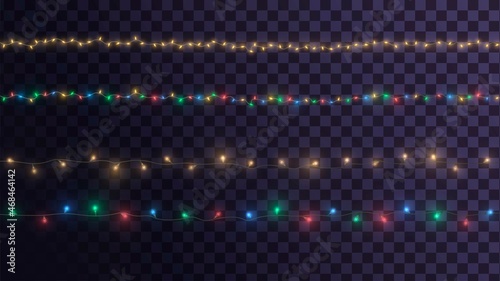 Set of stripes of multicolored and golden glowing garlands