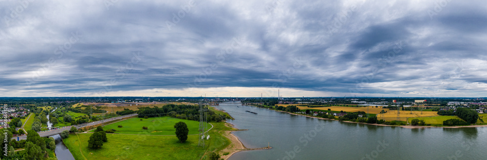 Panoramic view of the Rhine motorway bridge near Leverkusen, Germany. Drone photography