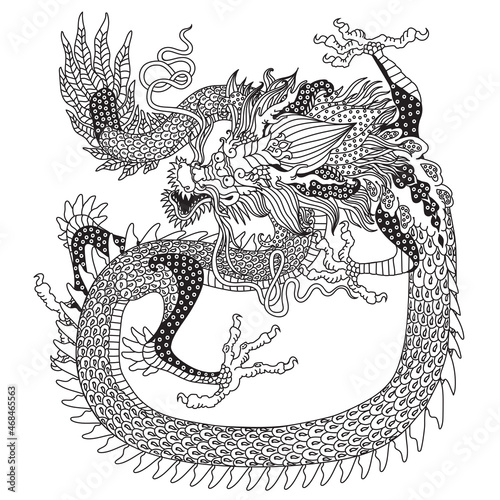 East Asia dragon. Traditional Chinese mythological creature. One of celestial feng shui animals. Graphic style vector illustration