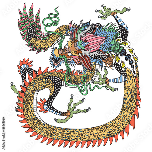 East Asia dragon. Traditional Chinese mythological creature. One of celestial feng shui animals. Graphic style vector illustration