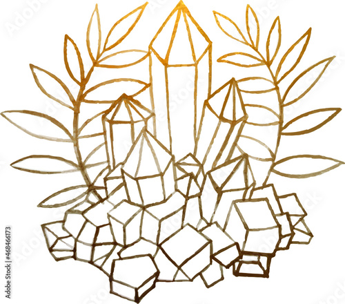 Golden linear crystal and peach, powder, gold brush strokes on a white background.