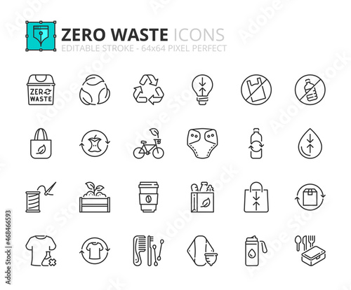 Simple set of outline icons about zero waste. Ecology concept.