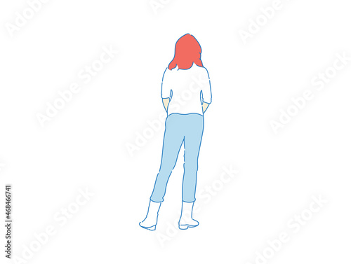 beautiful woman cute girl standing behind; backside view of person; vector