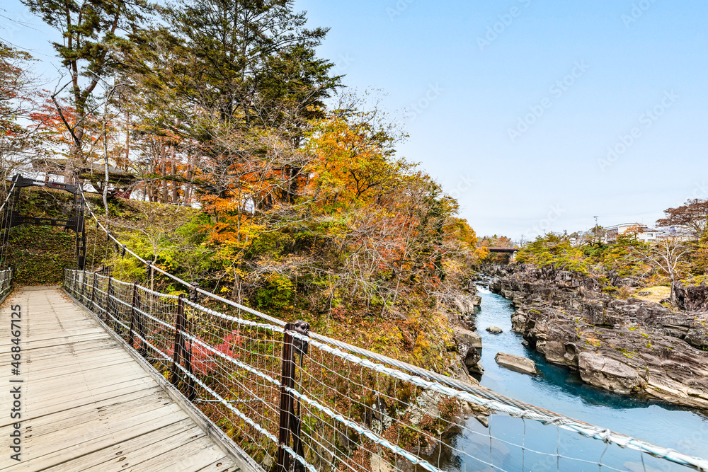 Fototapeta premium 紅葉の厳美渓と吊り橋の御覧場橋