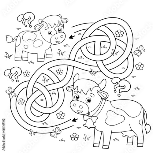 Maze or Labyrinth Game. Puzzle. Tangled road. Coloring Page Outline Of cartoon cow with little calf. Farm animals with their cubs. Coloring book for kids.