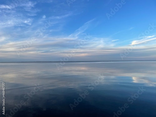 blue mood sunset skies with reflections on calm bay water