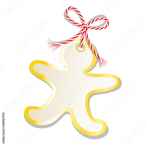Blanko Lebkuchenmann Karte mit goldenem Rand, gebunden mit rot-weiße Kordschleife, 
Etikett oder Geschenkanhänger, 
Vektor Illustration isoliert auf weißem Hintergrund
