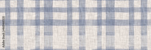 French farmhouse blue plaid check seamless border pattern. Rustic tonal country kitchen gingham fabric effect. Tartan cottage 2 tone background ribbon trim edge.