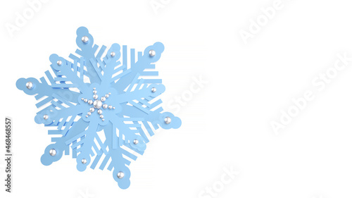 Blue snowflake with white pearls, isolated. 3d illustration, design for greeting card, invitation. Christmas and New Year decorating element.