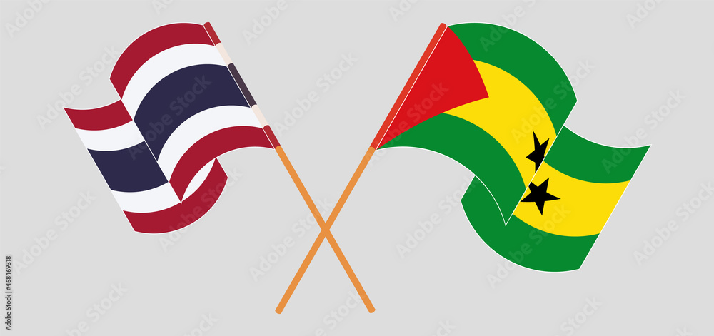 Crossed and waving flags of Thailand and Sao Tome and Principe