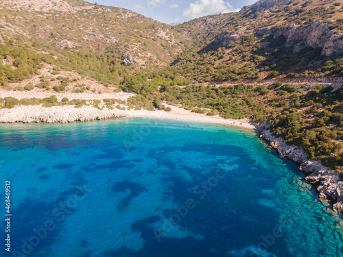 Bay of Kurubuk on Datca peninsula with crystal clear turquoise blue water in Mugla province in Turkey