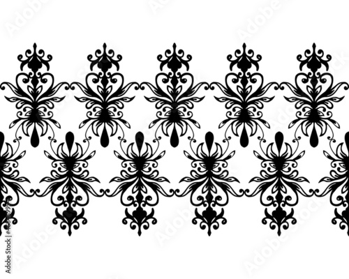 Black and white abstract seamless border with free hand. Floral illustration of leaves and curls. Design of ribbons and edges.