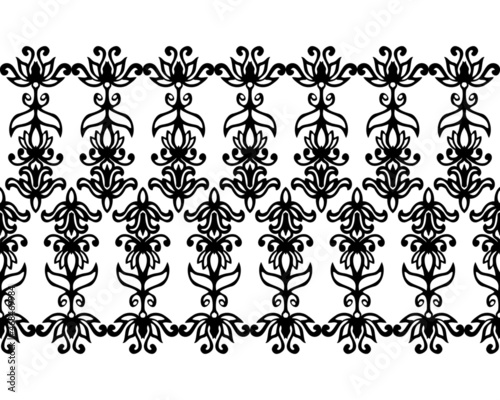 Black and white abstract seamless border with free hand. Floral illustration of leaves, lilies and curls. Design of ribbons and edges.