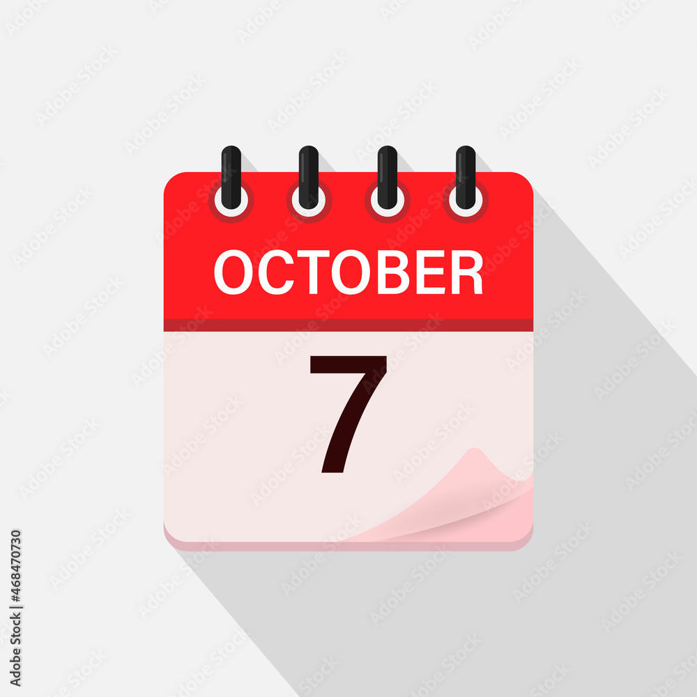 October 7, Calendar icon with shadow. Day, month. Flat vector illustration. October 7, Calendar icon with shadow. Day, month. Flat vector illustration.