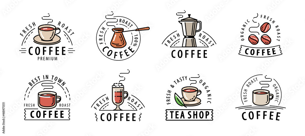 Coffee, tea set labels. Design elements or restaurant menu, cafe