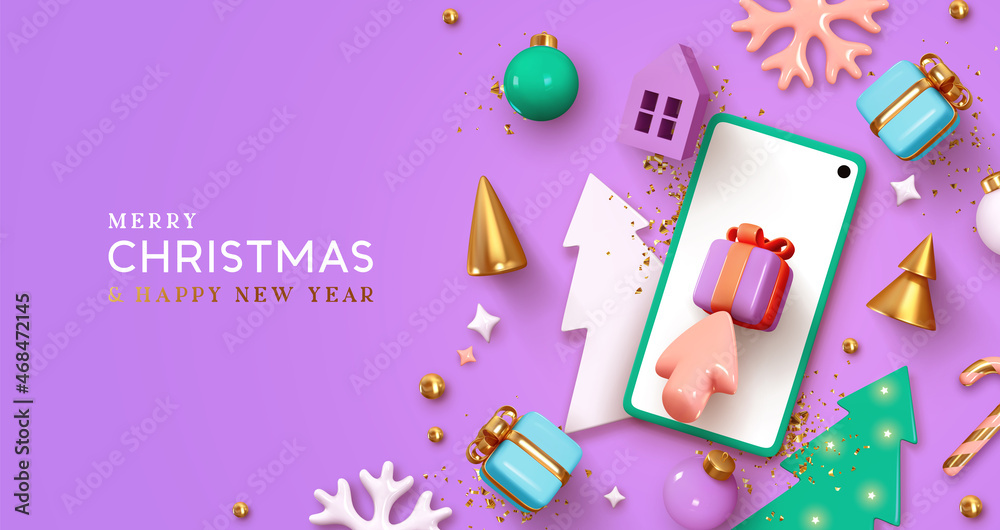 Christmas background with mobile phone template and decorative festive design elements. advertising banner, web poster. Creative shopping concept buying gifts for new year. Colorful pastel soft colors