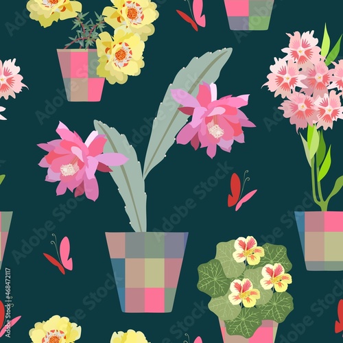 Seamless pattern with beautiful flowers in flowerpots and butterflies.