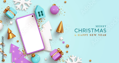 Smartphone mock up with Christmas design decorative object. Mobile screen for presentation of applications, online Internet shops, promotions for holiday, New Year's Promo Template. Top Flat lay