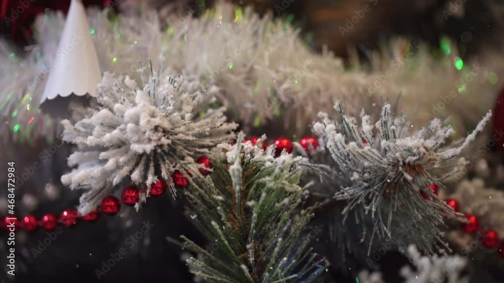 Background of Christmas Tree with Decorations. Xmas holiday decoration. Festive mood. Snowing Background of Christmas Tree with Decorations. Xmas holiday decoration. Festive mood. Snowing
