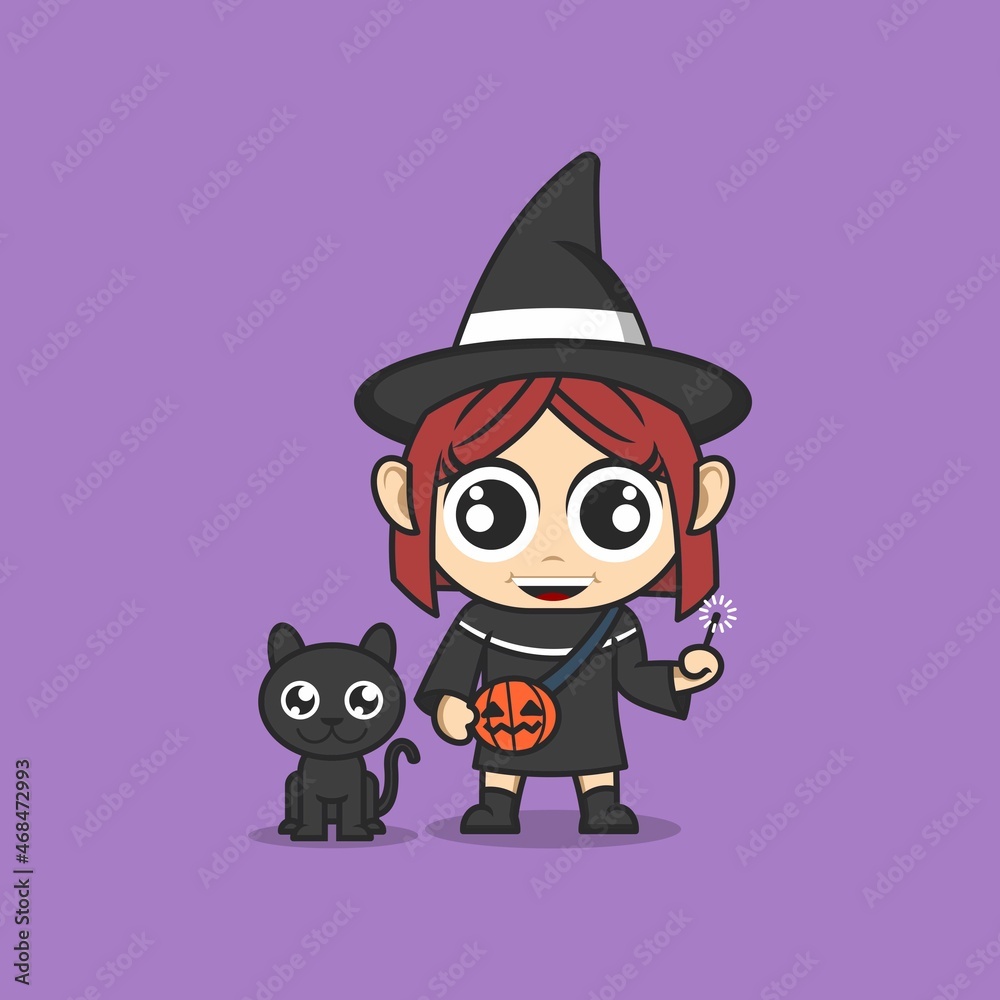 cute cartoon witch with black cat. vector illustration for mascot logo or sticker