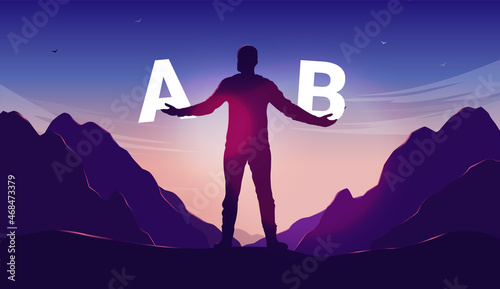 Life choices and dilemmas - Person faced with a choice holding the letter A and B in hands. Dilemma concept. Vector illustration.