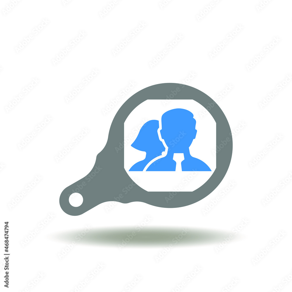 Vector illustration of magnifier with man and woman. Symbol of HR Human Resources. Icon of recruitment. Staffing sign. Vector illustration of magnifier with man and woman. Symbol of HR Human Resources. Icon of recruitment. Staffing sign.