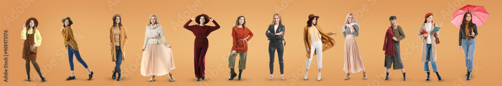 Obraz premium Group of stylish women in autumn clothes on color background