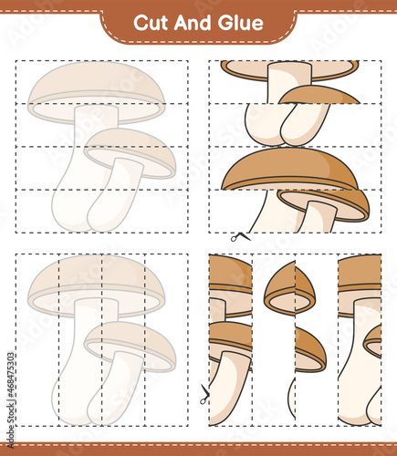 Cut and glue, cut parts of Shiitake and glue them. Educational children game, printable worksheet, vector illustration