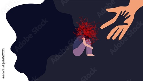 Vector graphics. Human hand helps a young girl in depression. Lonely woman hugs her knees with flowing hair. The concept of sadness, loneliness, sadness, depression. Flat illustration, cartoon female